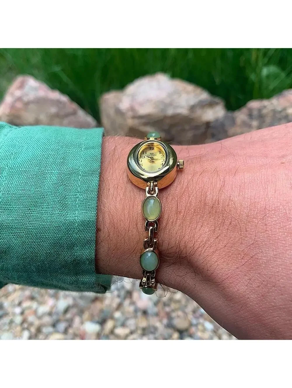 Y2k style Gold style tone quartz watch with glass turquoise green jade stone